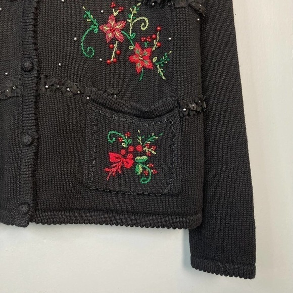 ERIKA Poinsettia Christmas Holiday Beaded Embroidered Cardigan Sweater Size M - Picture 9 of 12
